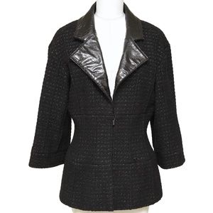 CHANEL Black Jacket Blazer Coat Tweed MetaIlic Leather Silver Chain Sz 42 2014